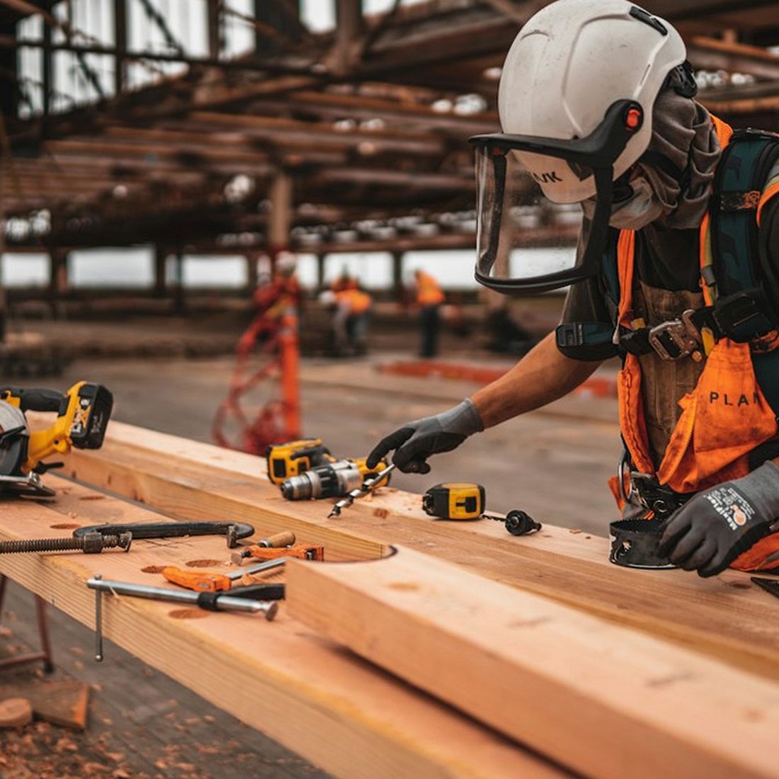 Timber on the bench, with a circular saw and a drill